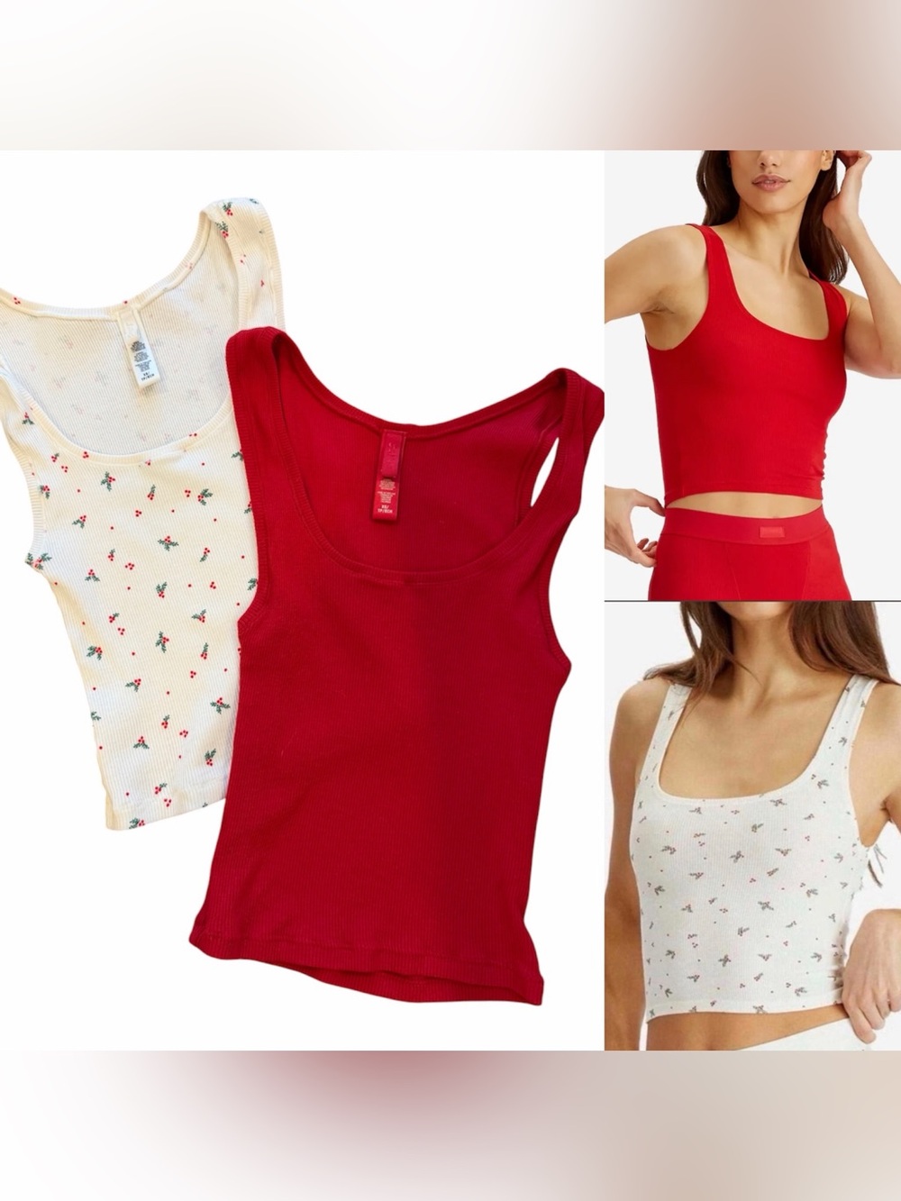 SKIMS Bundle of Two Ribbed Tanks Red and Holiday Pattern Size XS